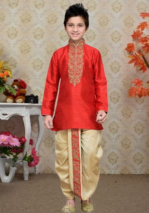 Red Self Design Art Silk Kurta Set For Boy