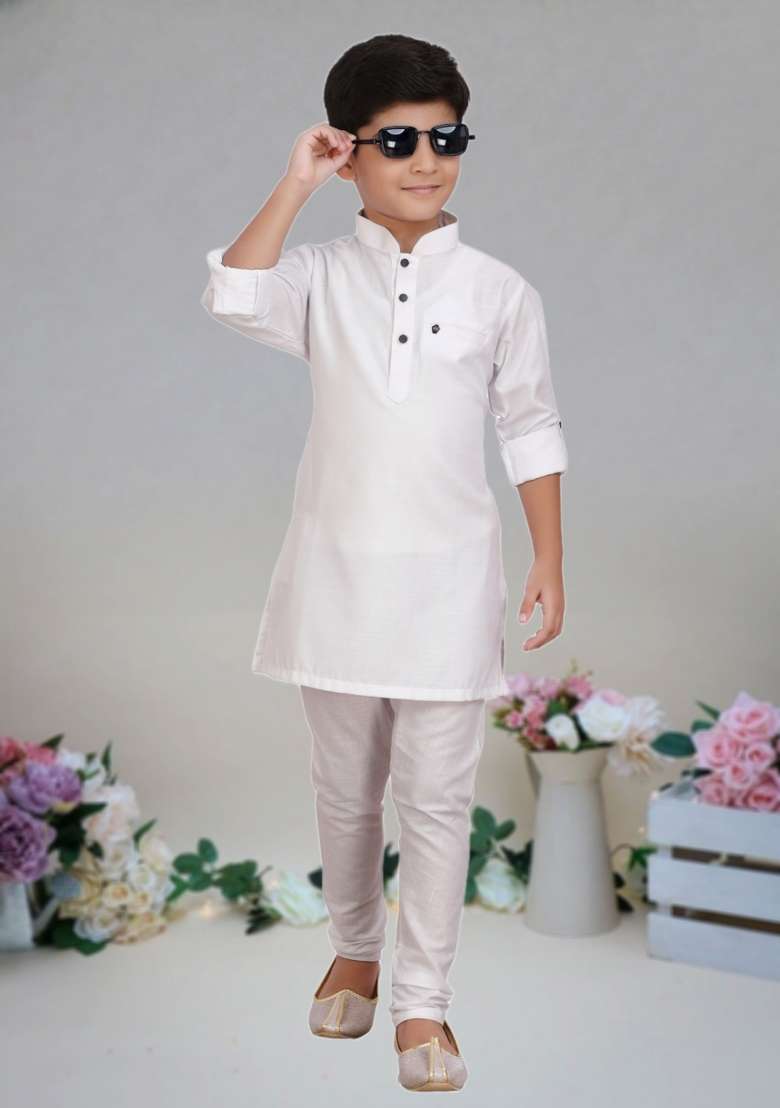 Off White Self Design Art Silk Kurta Set For Boy - Indya