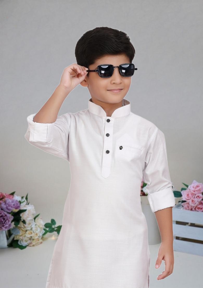 Off White Self Design Art Silk Kurta Set For Boy