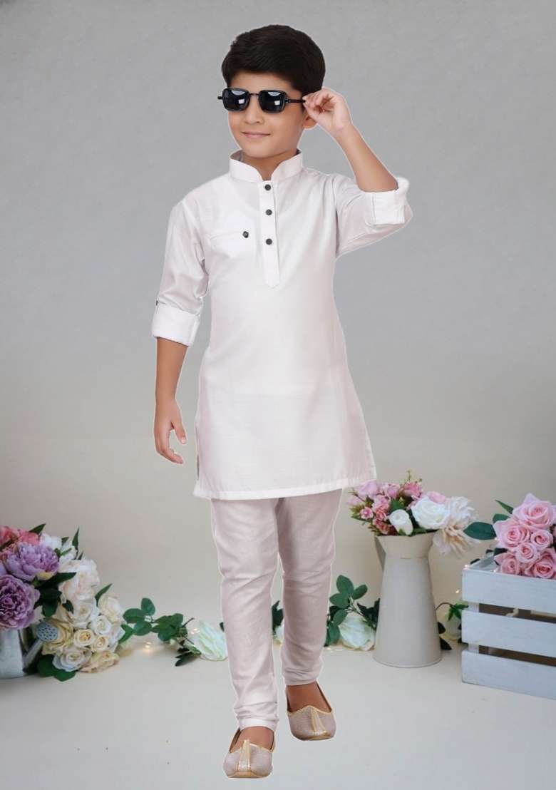 Off White Self Design Art Silk Kurta Set For Boy - Indya