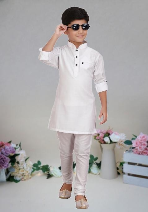 Off White Self Design Art Silk Kurta Set For Boy