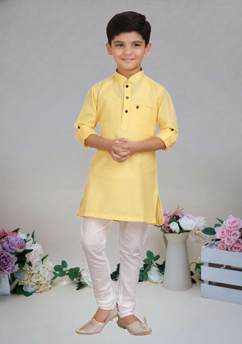 Yellow Self Design Art Silk Kurta Set For Boy - Indya