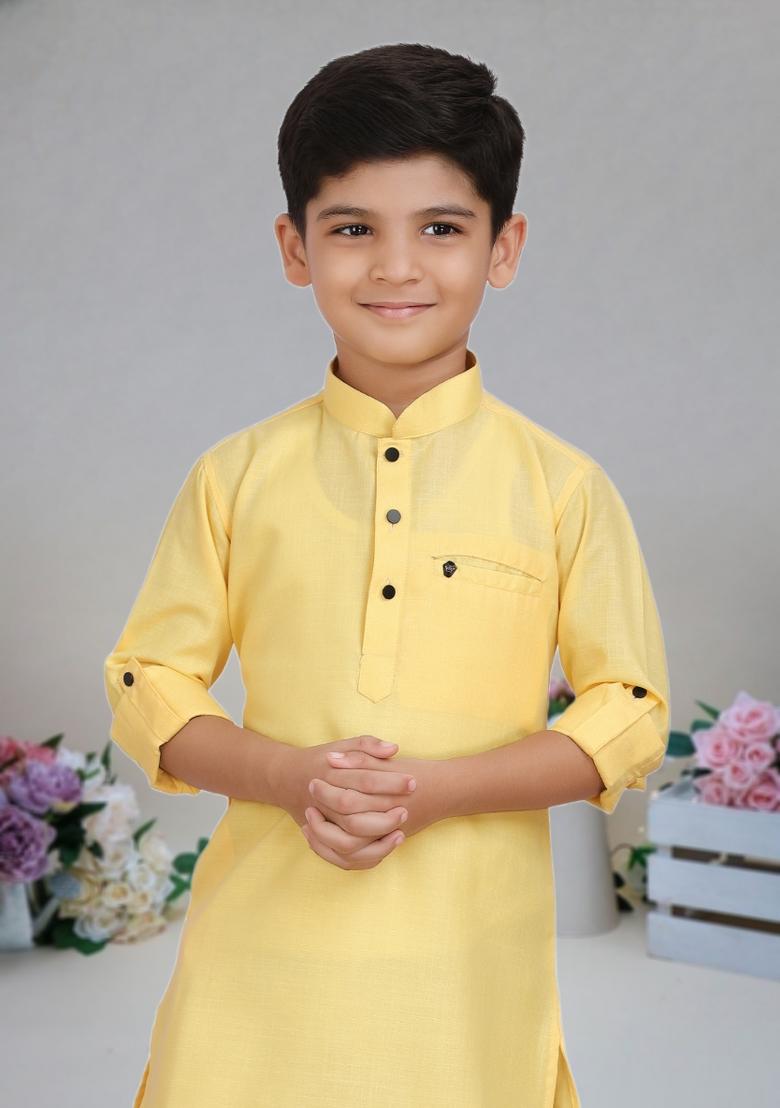 Yellow Self Design Art Silk Kurta Set For Boy