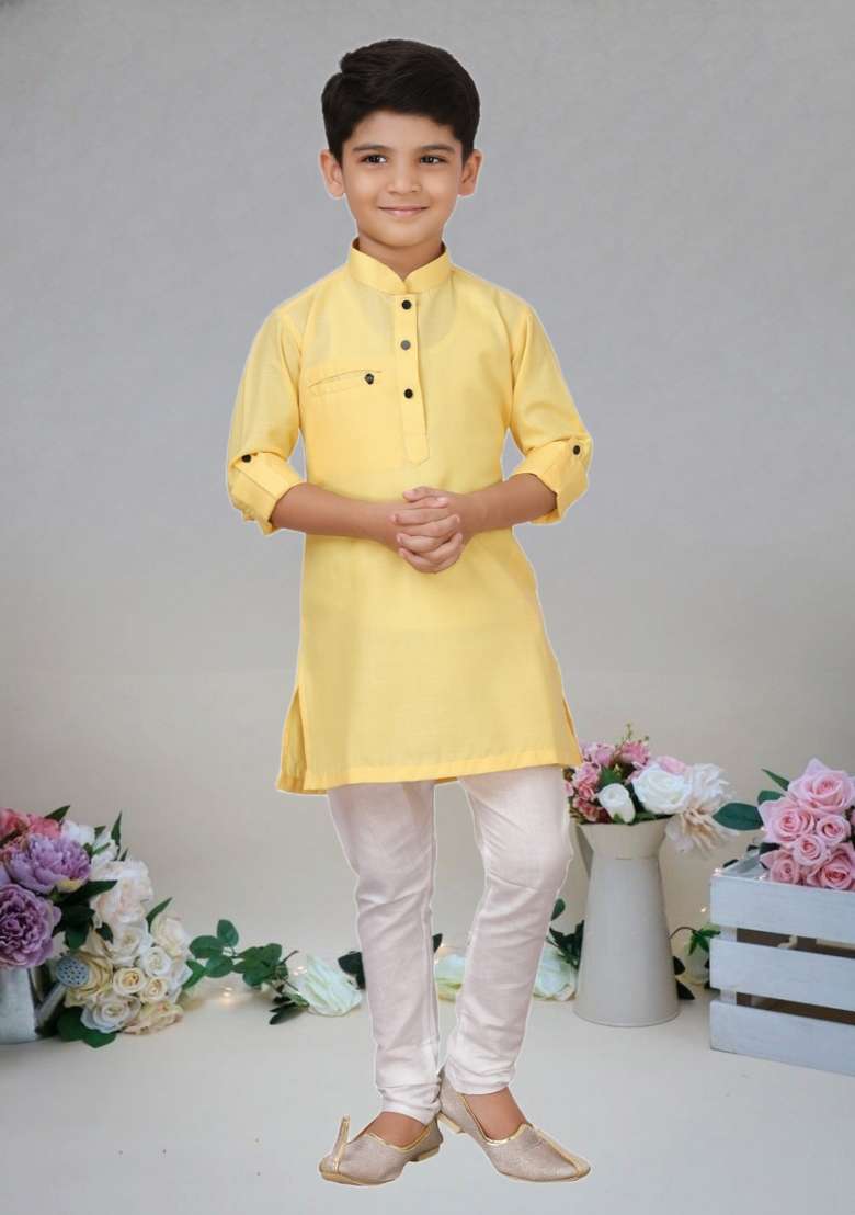 Yellow Self Design Art Silk Kurta Set For Boy - Indya