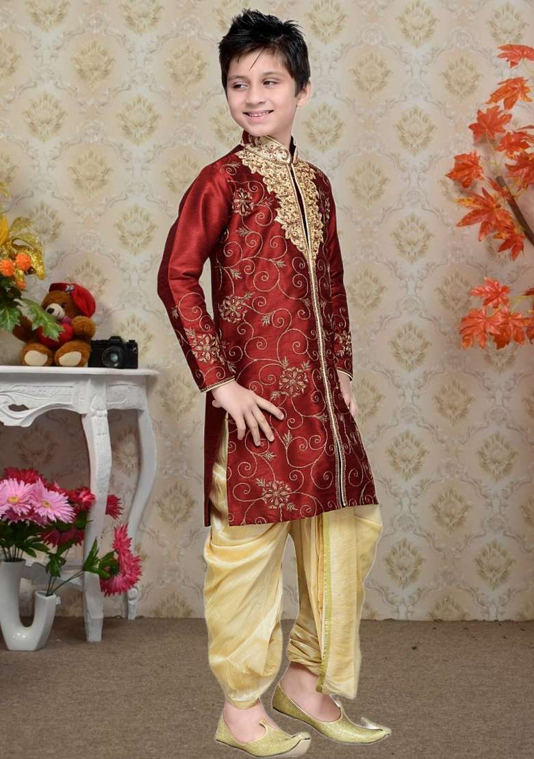 Maroon Self Design Art Silk Kurta Set For Boy - Indya