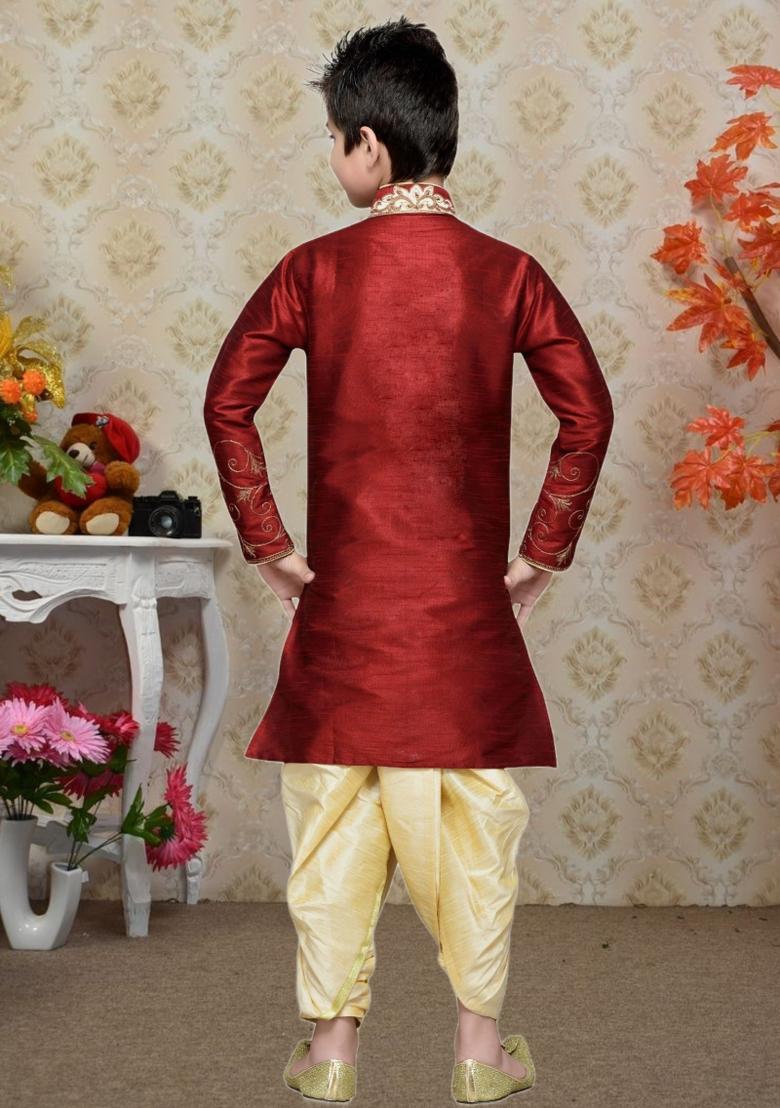 Maroon Self Design Art Silk Kurta Set For Boy