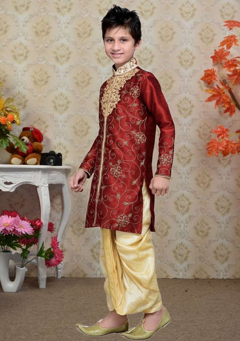 Maroon Self Design Art Silk Kurta Set For Boy - Indya