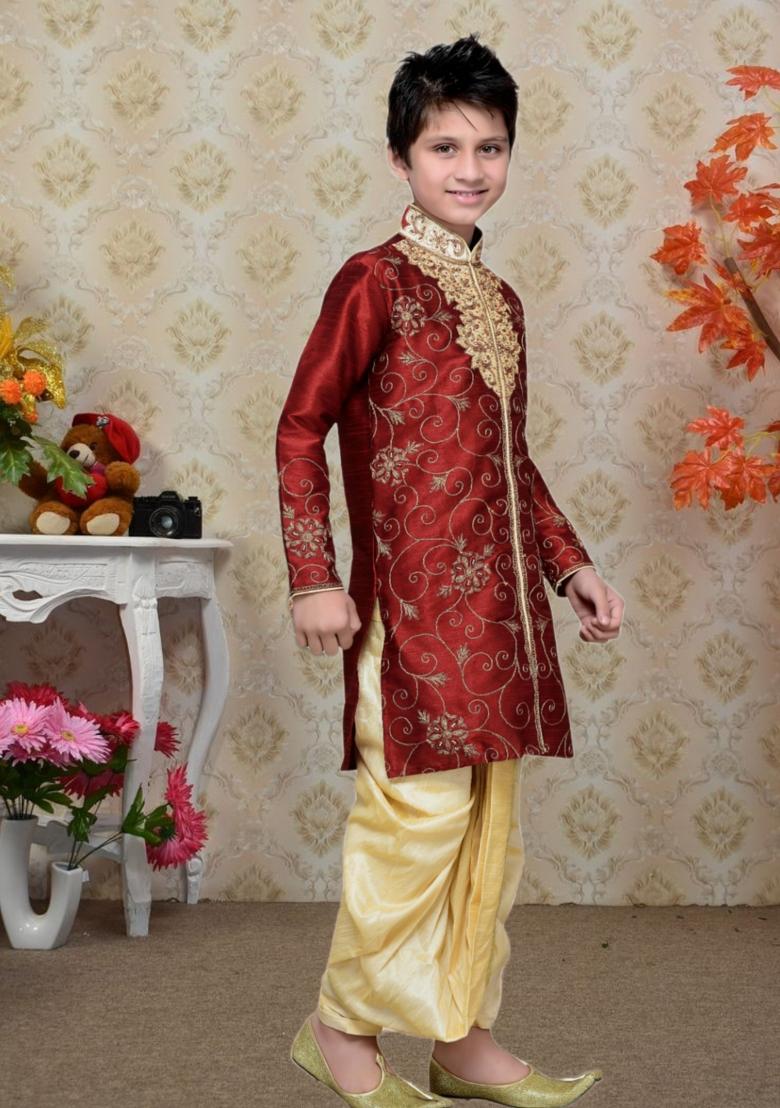 Maroon Self Design Art Silk Kurta Set For Boy