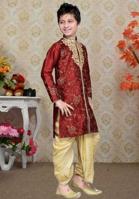 Maroon Self Design Art Silk Kurta Set For Boy