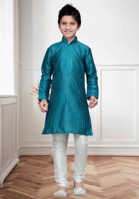 Rama Green Self Design Art Silk Kurta Set For Boy