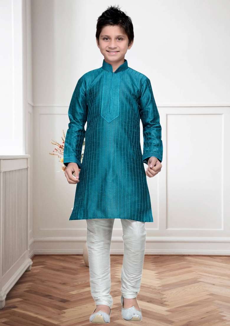 Rama Green Self Design Art Silk Kurta Set For Boy - Indya