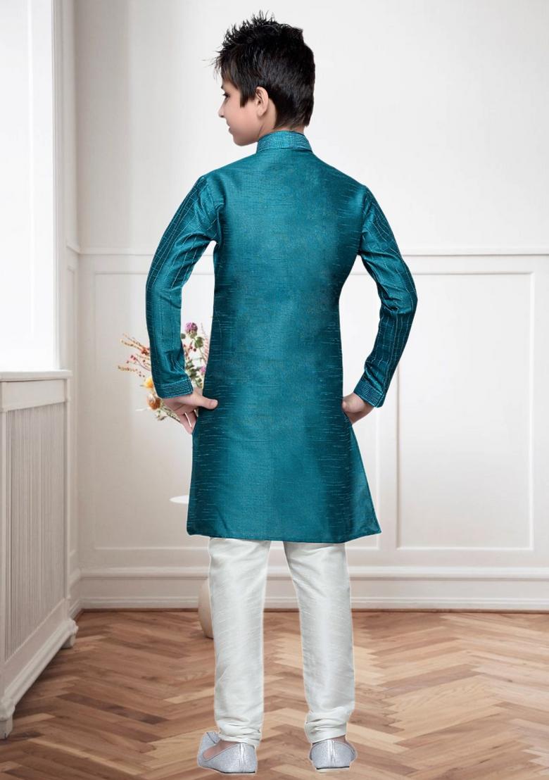 Rama Green Self Design Art Silk Kurta Set For Boy