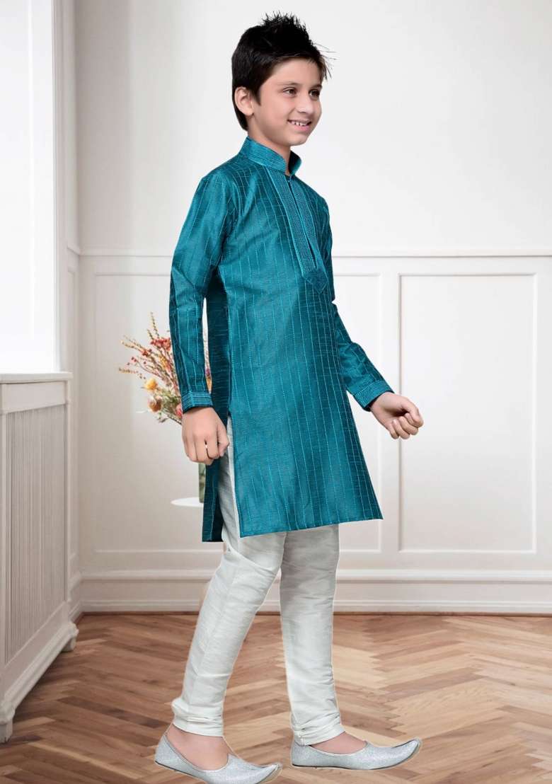 Rama Green Self Design Art Silk Kurta Set For Boy - Indya