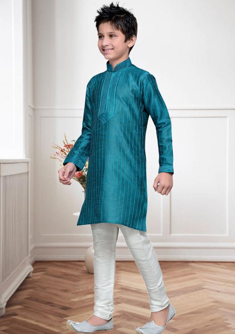 Rama Green Self Design Art Silk Kurta Set For Boy