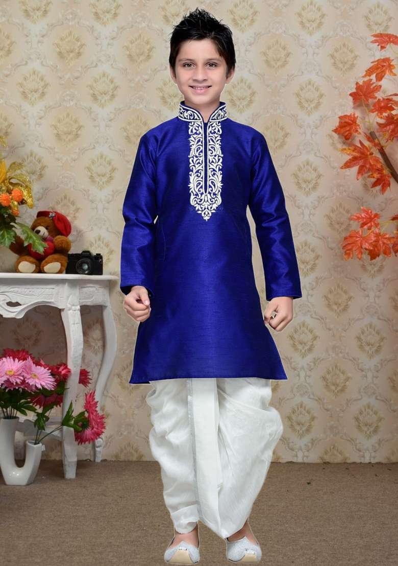 Blue Self Design Art Silk Kurta Set For Boy - Indya
