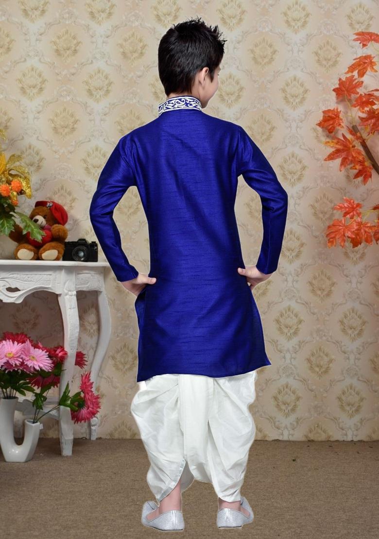 Blue Self Design Art Silk Kurta Set For Boy