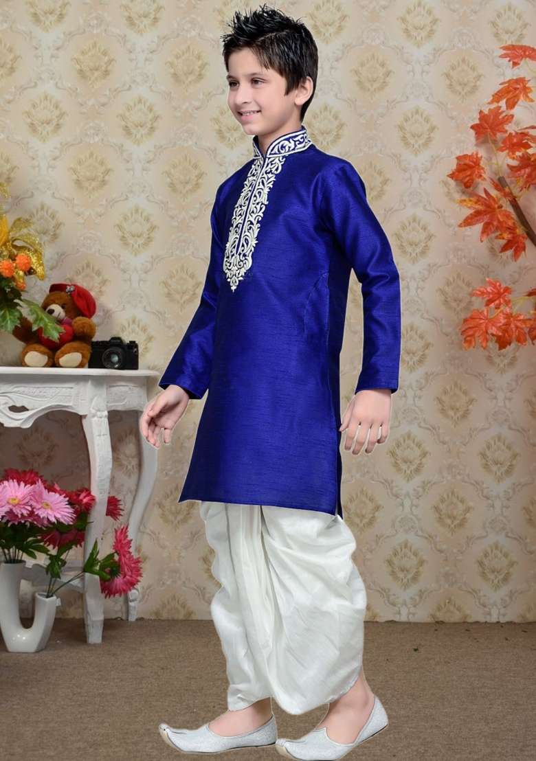 Blue Self Design Art Silk Kurta Set For Boy - Indya