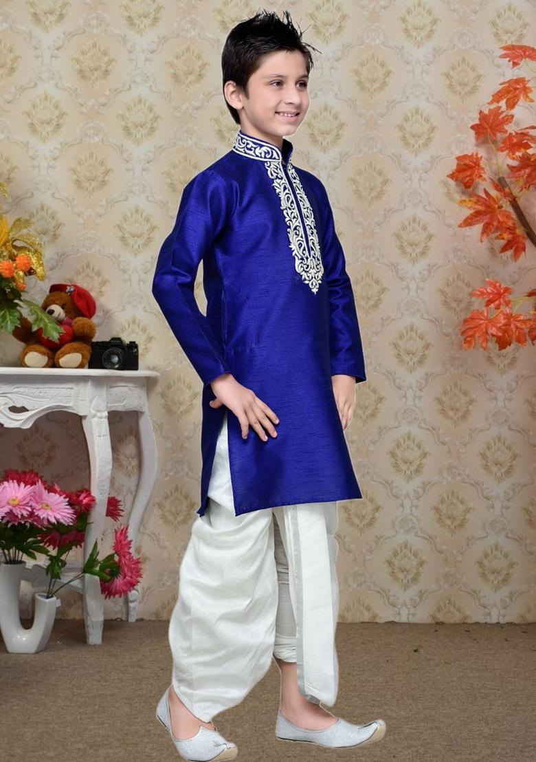 Blue Self Design Art Silk Kurta Set For Boy