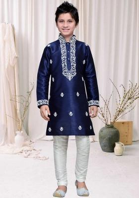 Navy Blue Self Design Art Silk Kurta Set For Boy