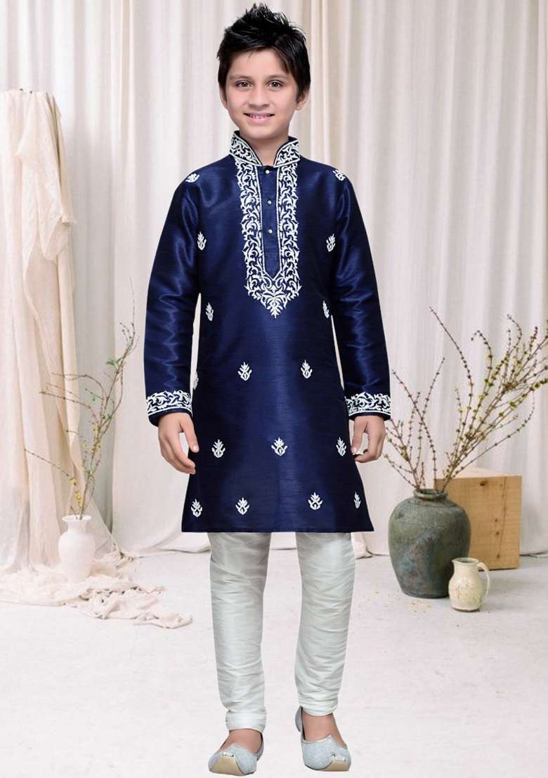 Navy Blue Self Design Art Silk Kurta Set For Boy - Indya