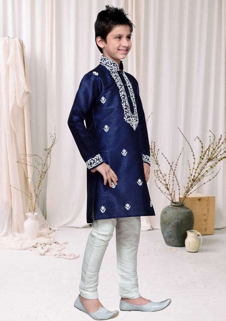 Navy Blue Self Design Art Silk Kurta Set For Boy - Indya