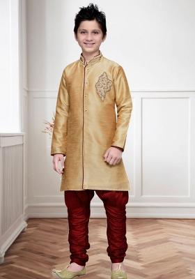 Chiku Brown Self Design Art Silk Kurta Set For Boy