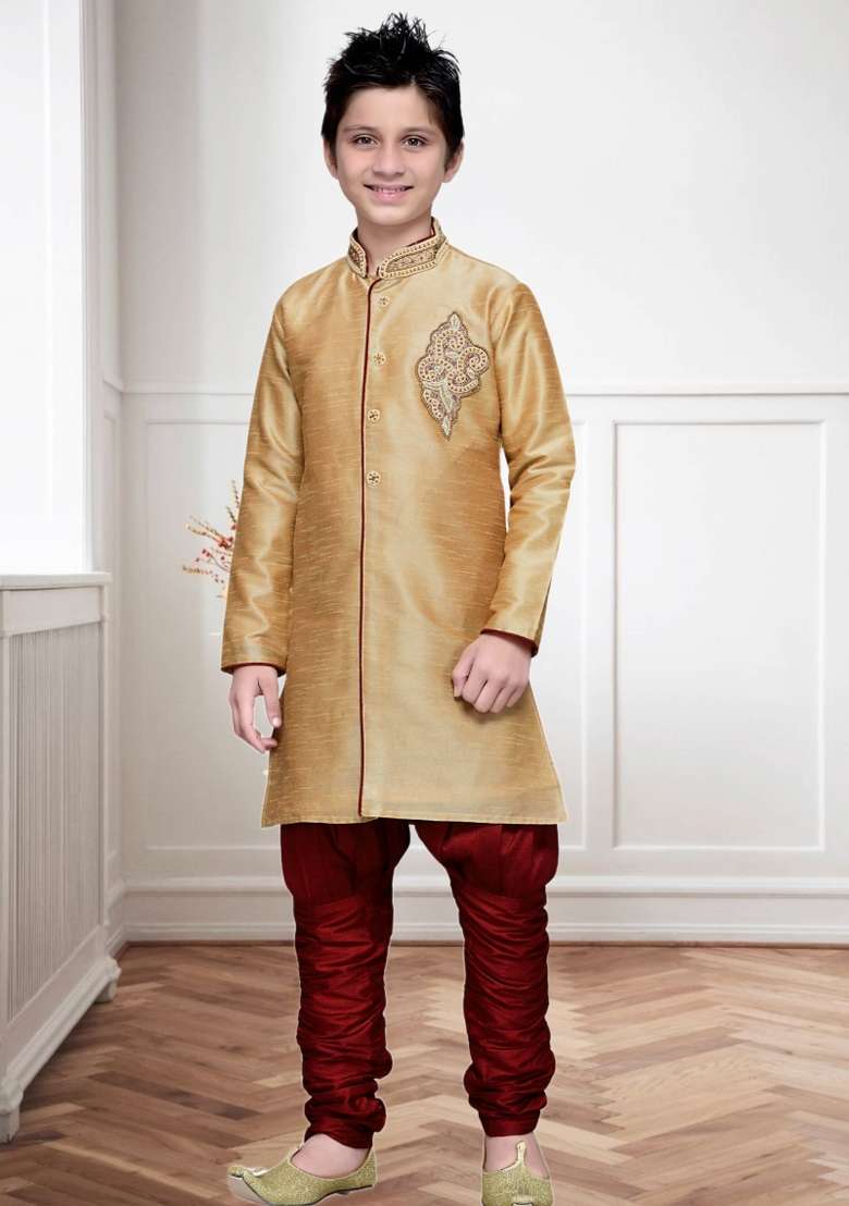 Chiku Brown Self Design Art Silk Kurta Set For Boy - Indya