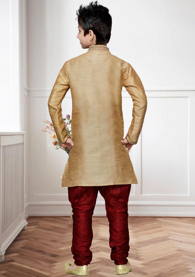 Chiku Brown Self Design Art Silk Kurta Set For Boy
