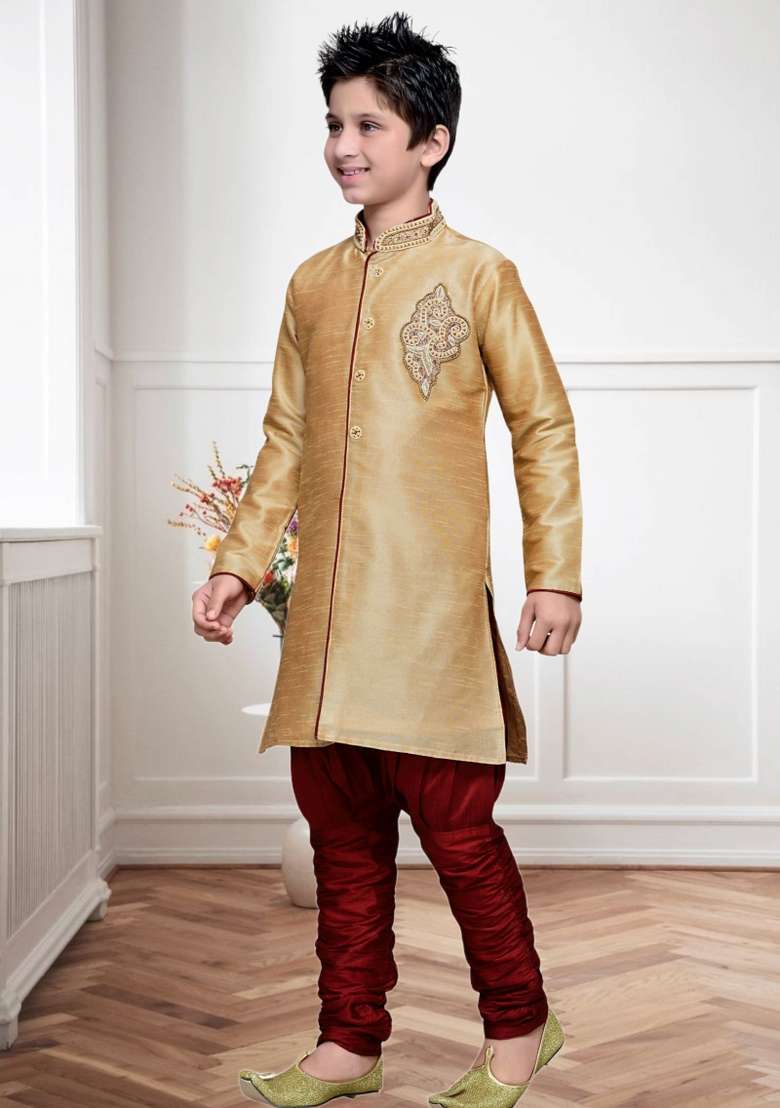 Chiku Brown Self Design Art Silk Kurta Set For Boy - Indya