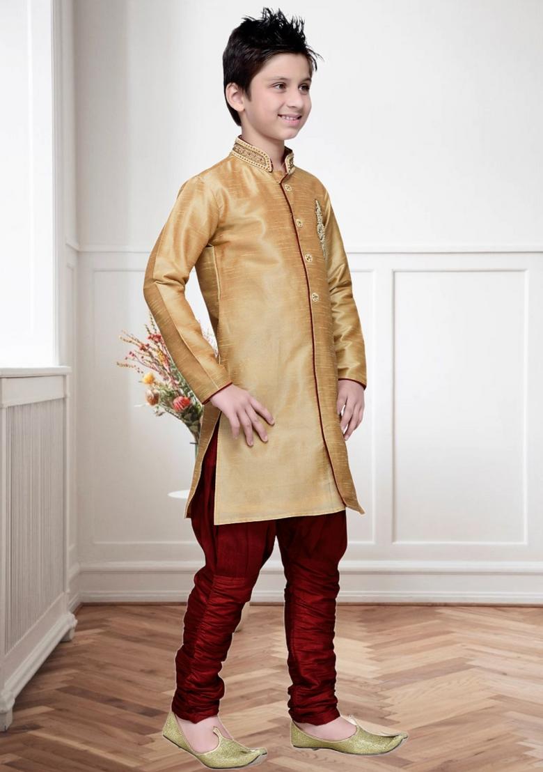Chiku Brown Self Design Art Silk Kurta Set For Boy