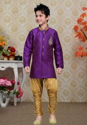 Purple Self Design Art Silk Kurta Set For Boy