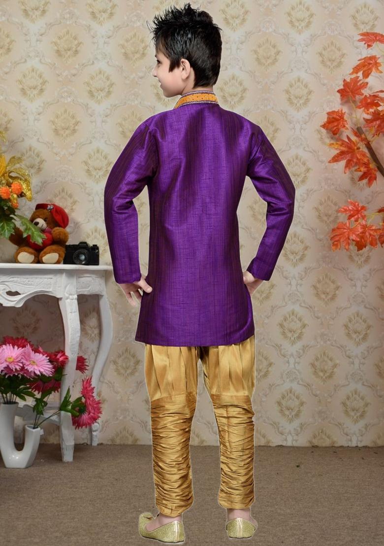 Purple Self Design Art Silk Kurta Set For Boy