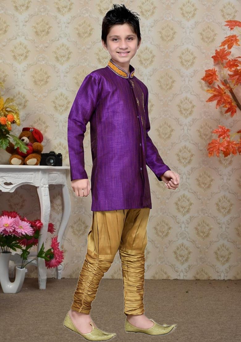 Purple Self Design Art Silk Kurta Set For Boy