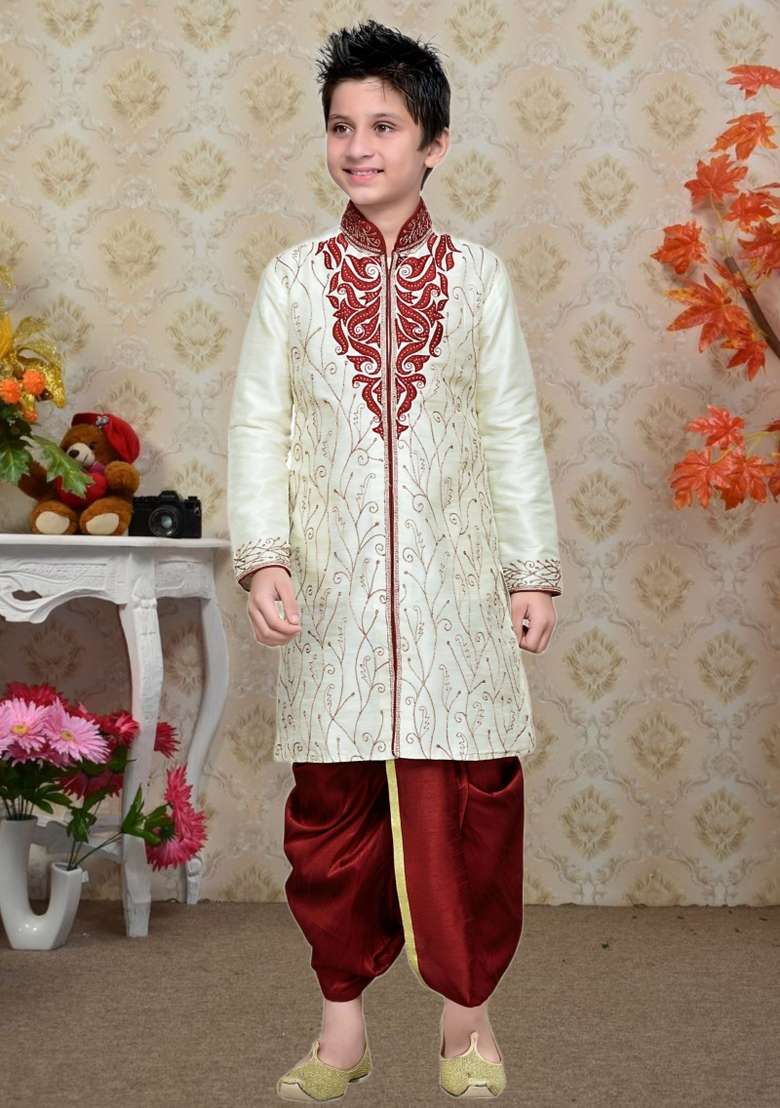 Fawn Orange Self Design Art Silk Kurta Set For Boy - Indya