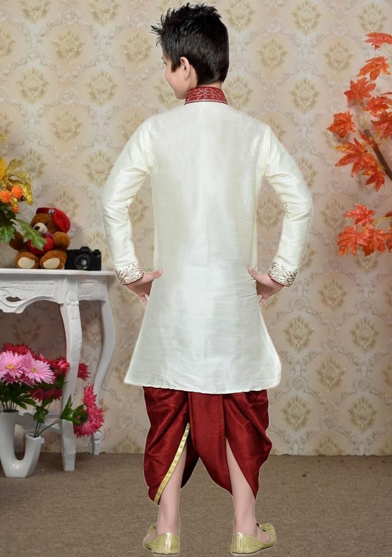 Fawn Orange Self Design Art Silk Kurta Set For Boy