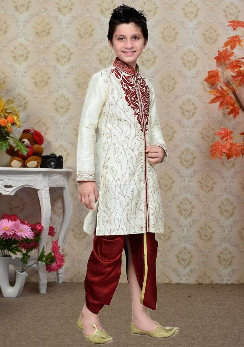 Fawn Orange Self Design Art Silk Kurta Set For Boy - Indya