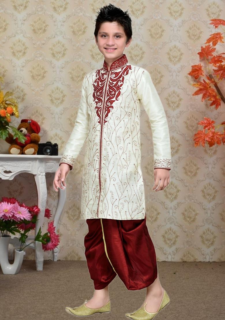 Fawn Orange Self Design Art Silk Kurta Set For Boy