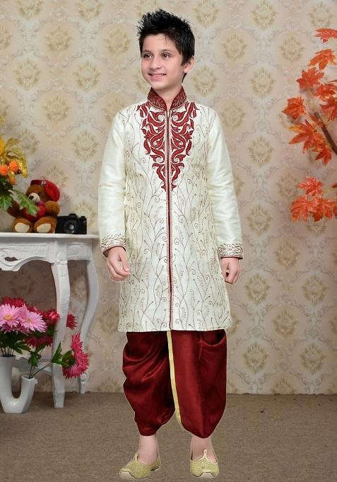 Fawn Orange Self Design Art Silk Kurta Set For Boy