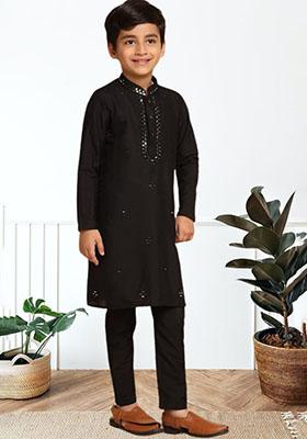 Black Self Design Art Silk Kurta Set For Boy
