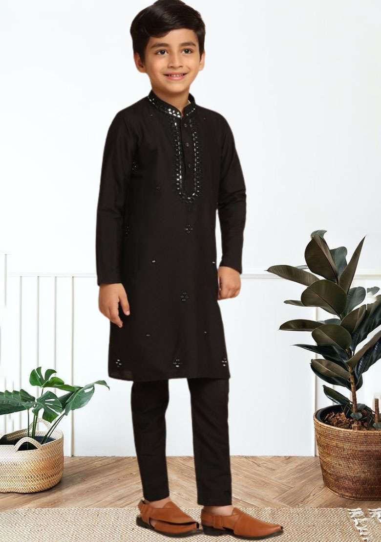 Black Self Design Art Silk Kurta Set For Boy - Indya