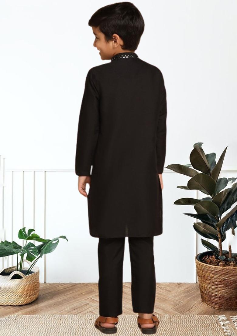 Black Self Design Art Silk Kurta Set For Boy
