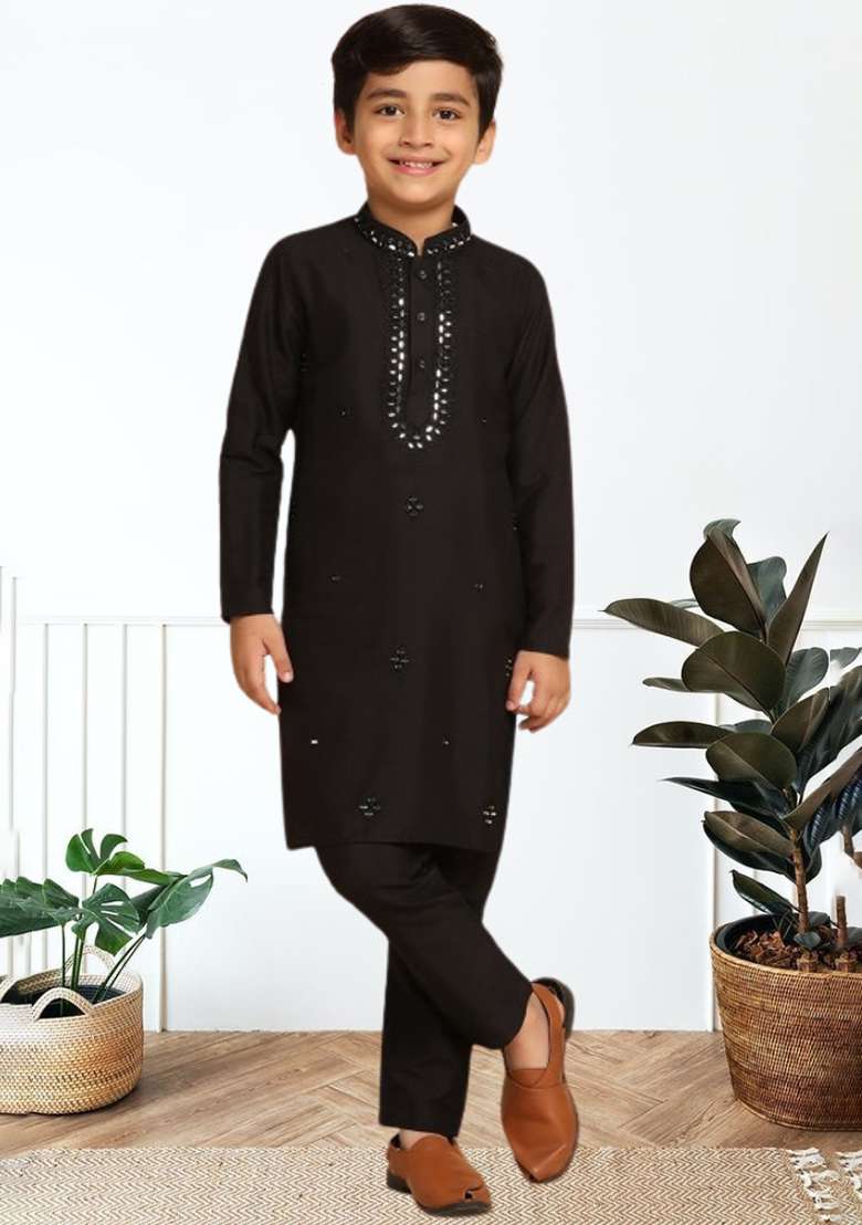Black Self Design Art Silk Kurta Set For Boy - Indya