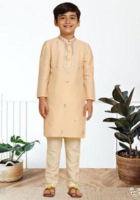 Fawn Orange Self Design Art Silk Kurta Set For Boy