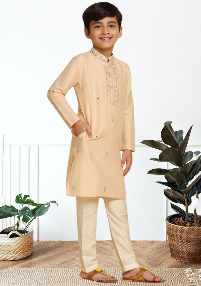 Fawn Orange Self Design Art Silk Kurta Set For Boy