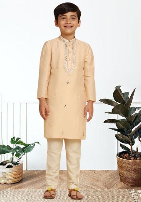 Fawn Orange Self Design Art Silk Kurta Set For Boy