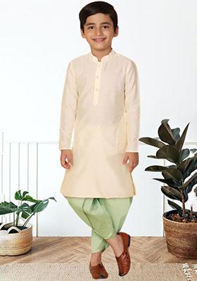 Fawn Orange Self Design Art Silk Kurta Set For Boy