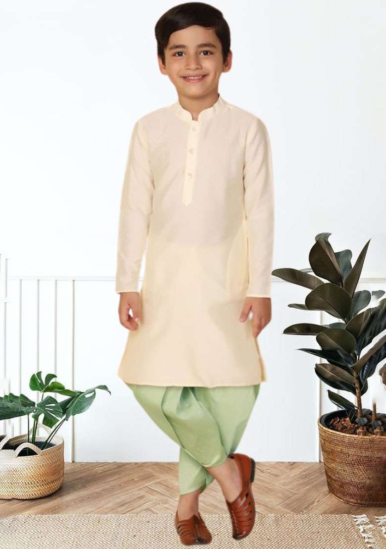 Fawn Orange Self Design Art Silk Kurta Set For Boy - Indya