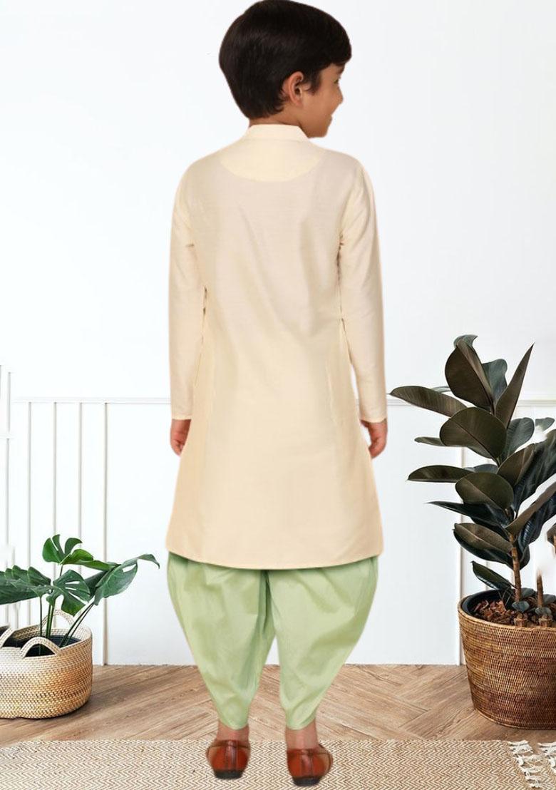 Fawn Orange Self Design Art Silk Kurta Set For Boy