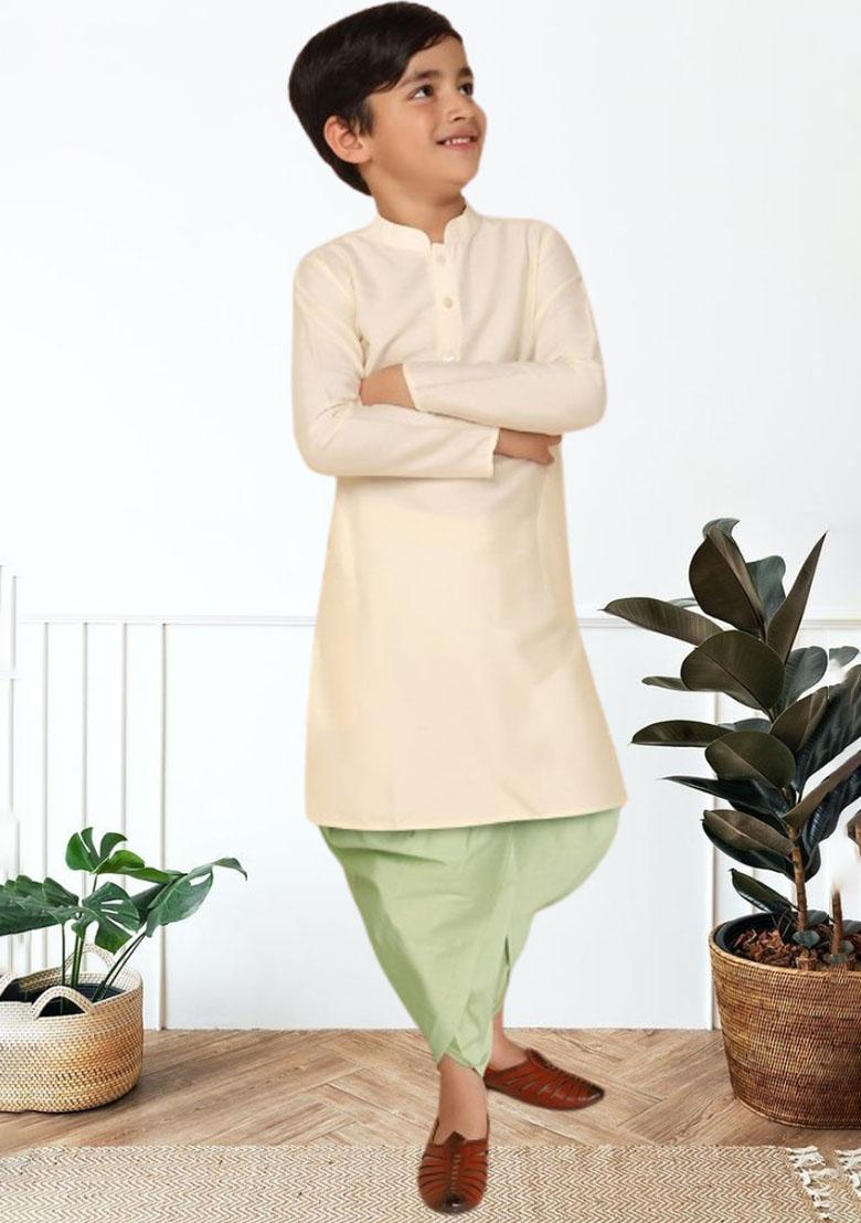 Fawn Orange Self Design Art Silk Kurta Set For Boy