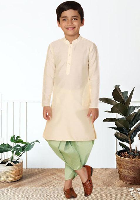 Fawn Orange Self Design Art Silk Kurta Set For Boy